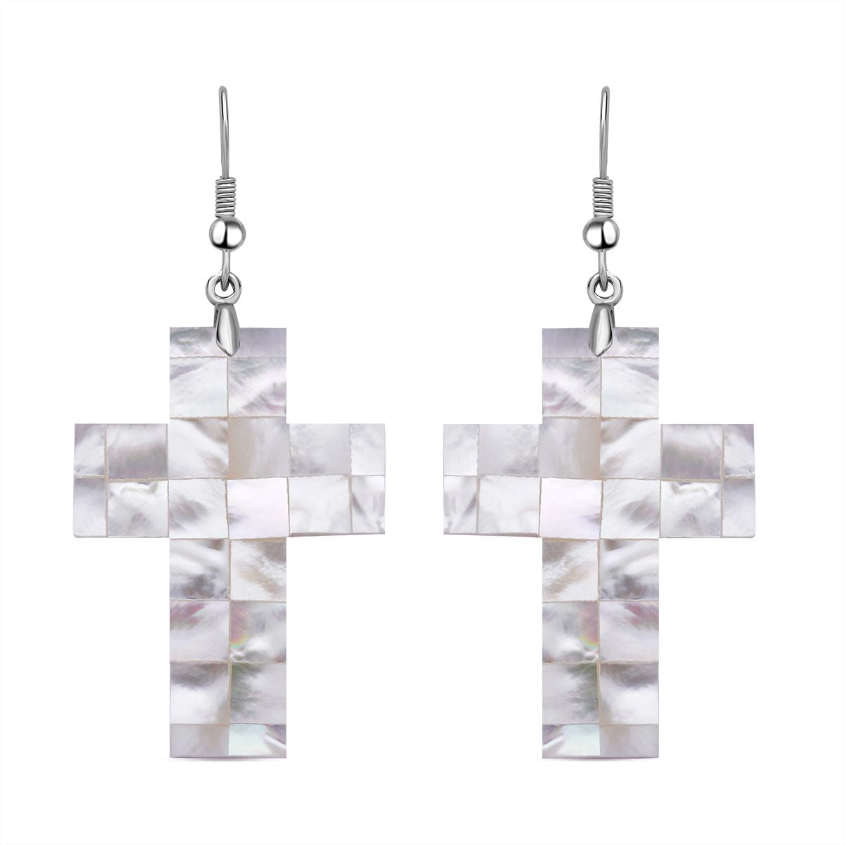 Weiße Muschelkernperlen Kreuz Ohrringe, Edelstahl