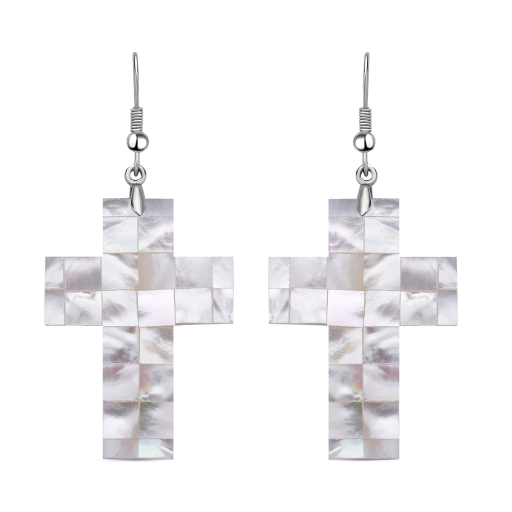 Weiße Muschelkernperlen Kreuz Ohrringe, Edelstahl