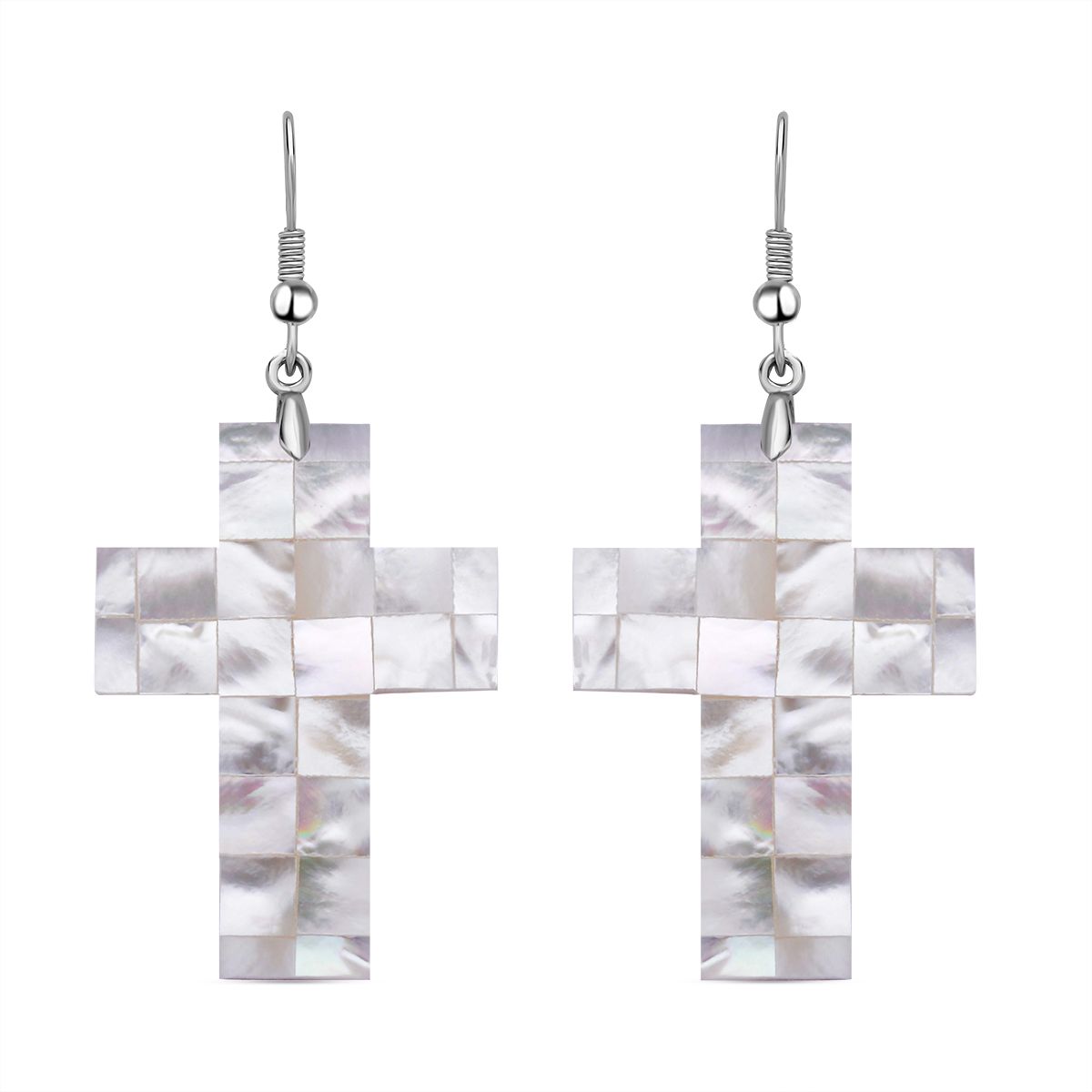 Weiße Muschelkernperlen Kreuz Ohrringe, Edelstahl