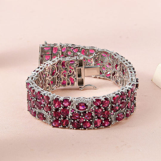 Rhodolith Granat Armband, ca. 19 cm, 925 Silber platiniert ca. 62.38 ct