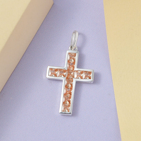 Champagner Zirkonia Kreuz Anhänger 925 Silber ca. 2.76 ct