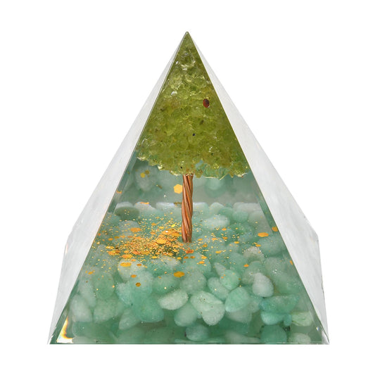 Edelstein Pyramide mit goldfarbener Lotosblüte - Kyanit und Amethyst