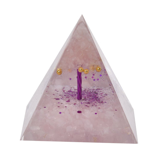 Edelstein Pyramide mit goldfarbener Lotosblüte - Kyanit und Amethyst
