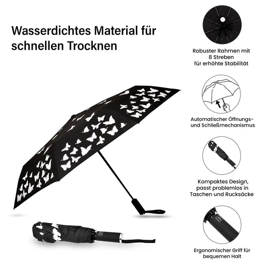 Farbwechsel-Schmetterlingsregenschirm - Farbverwandlung bei Nässe, Marineblau, Durchmesser 103 cm, Länge 25 cm,