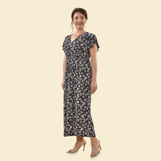 Maxikleid mit gesmokter Taille und Flatterärmeln, One Size, Schwarz