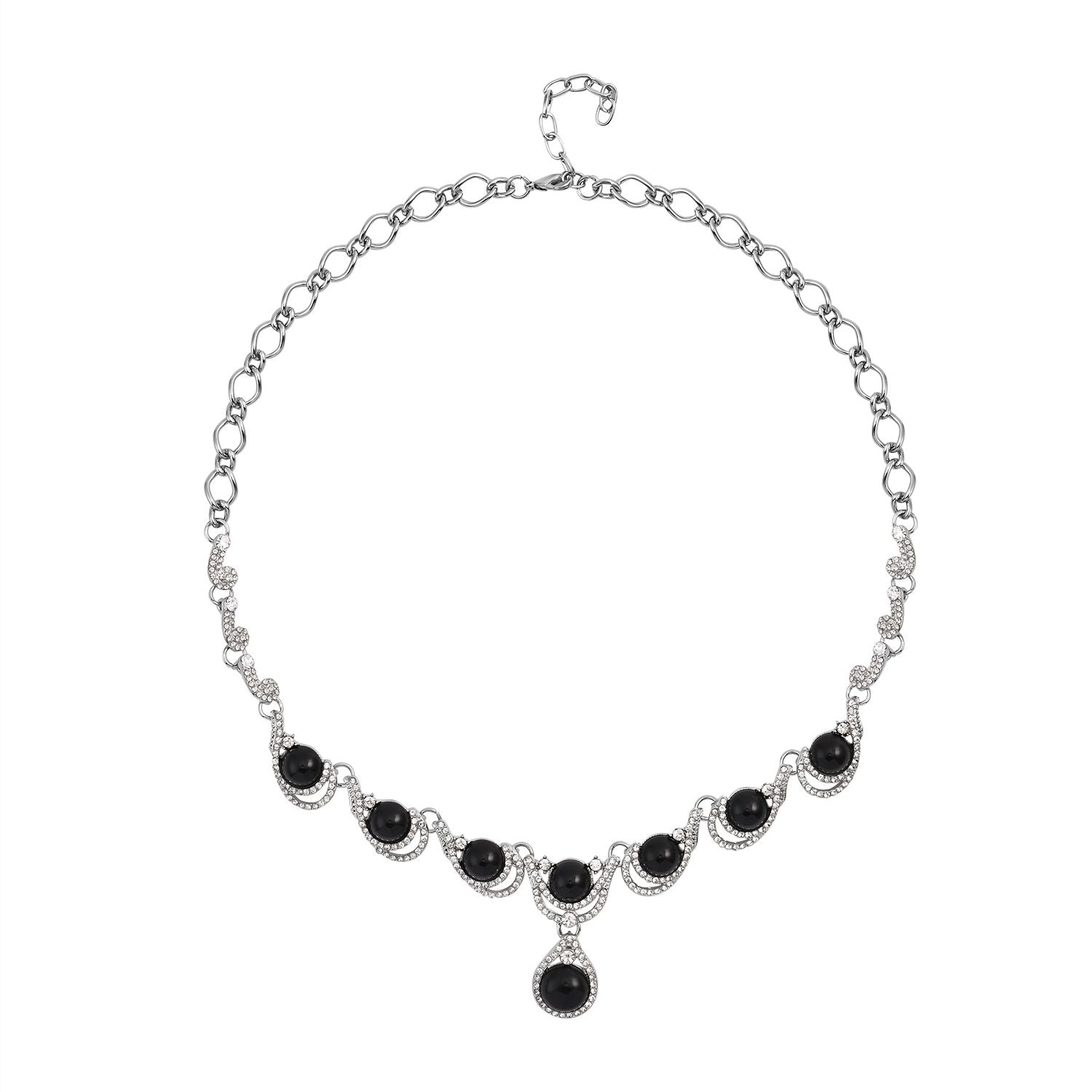 Schwarzes Obsidian, weißes Kristall Collier, ca. 50 cm + 5 cm Extender