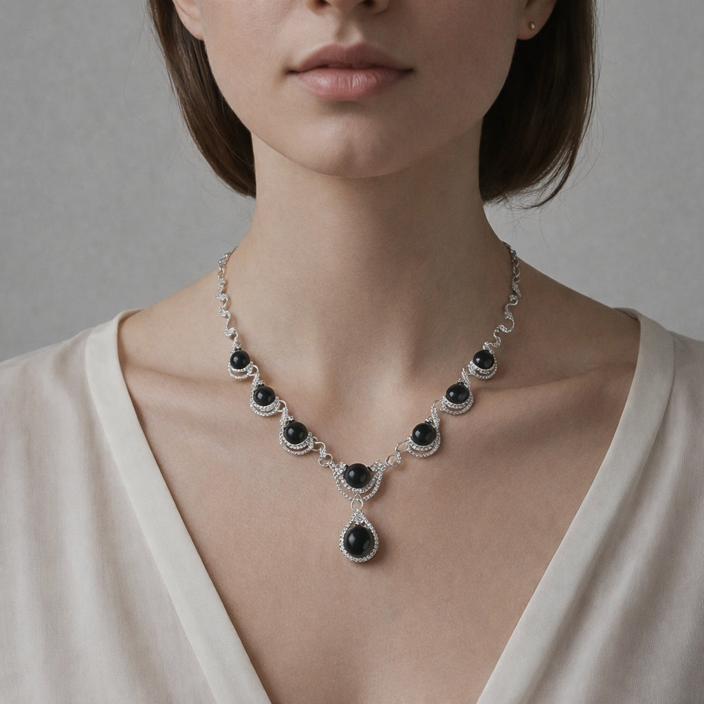 Schwarzes Obsidian, weißes Kristall Collier, ca. 50 cm + 5 cm Extender