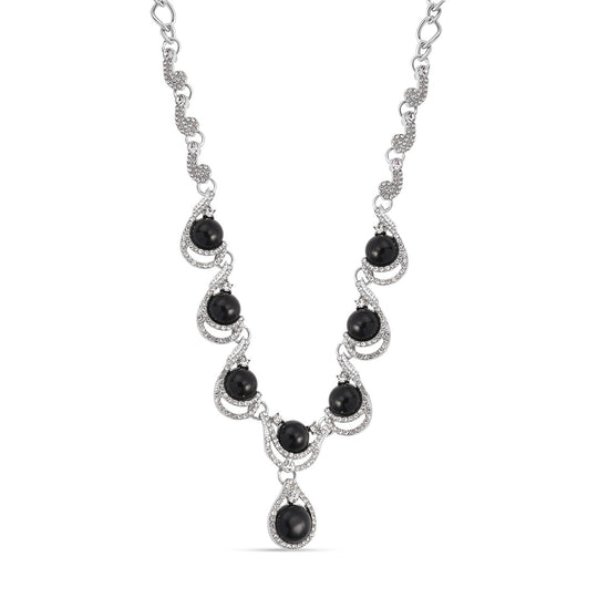Schwarzes Obsidian, weißes Kristall Collier, ca. 50 cm + 5 cm Extender