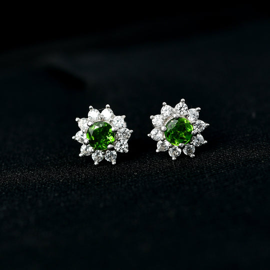 Natürlicher Chromdiopsid, Weißer Zirkon Ohrringe 925 Silber ca. 1.16 ct