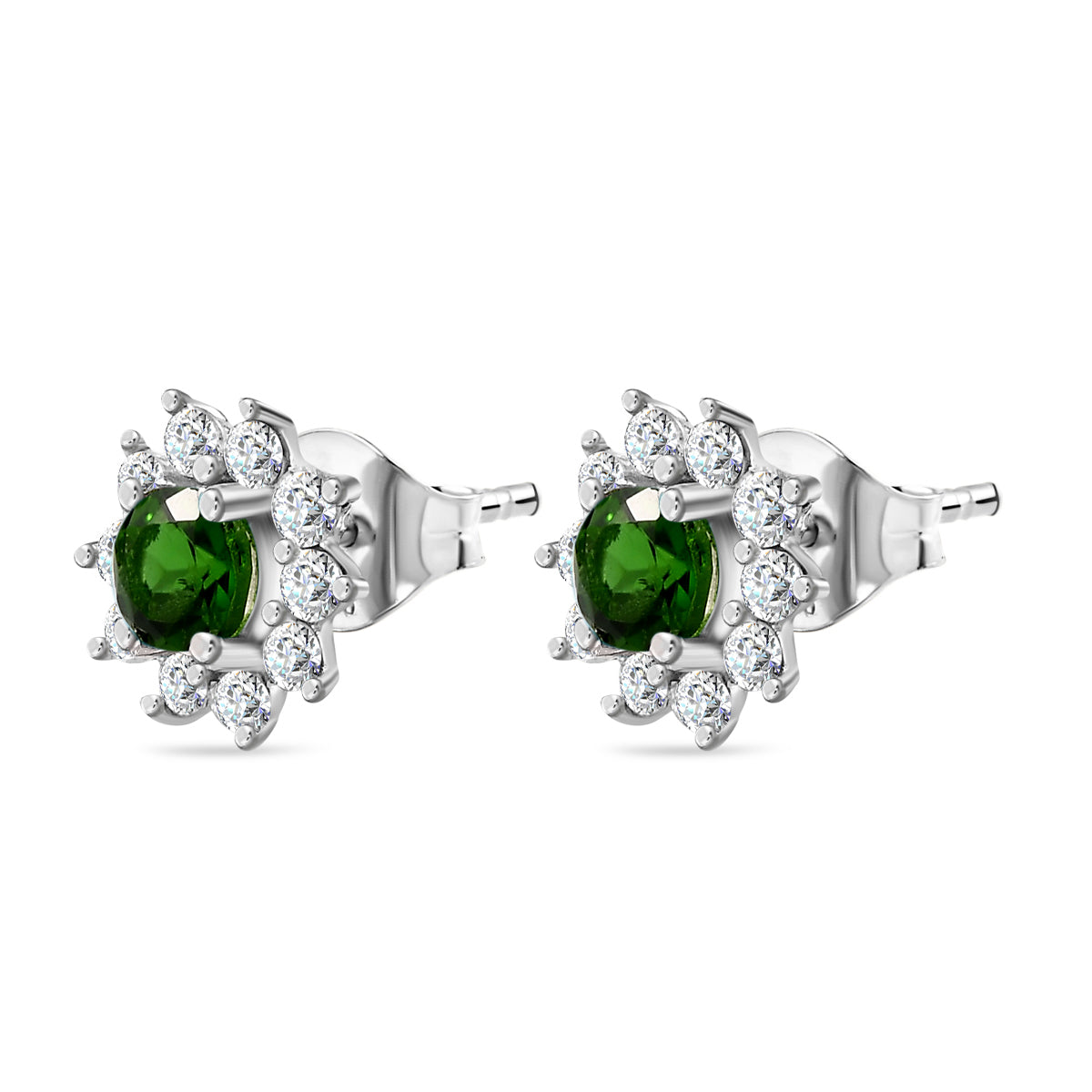 Natürlicher Chromdiopsid, Weißer Zirkon Ohrringe 925 Silber ca. 1.16 ct