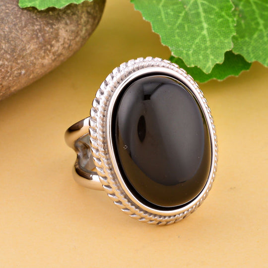 Schwarzer Glasachat Ring Reiner Edelstahl ca. 50,00 ct