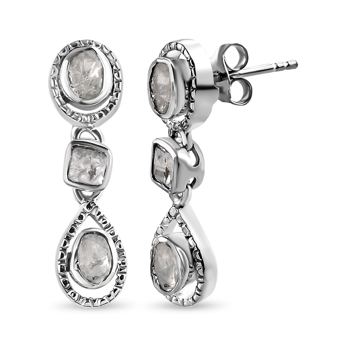 Handgearbeitete, natürliche Polki Diamant Ohrringe, 925 Silber platiniert ca. 0.50 ct