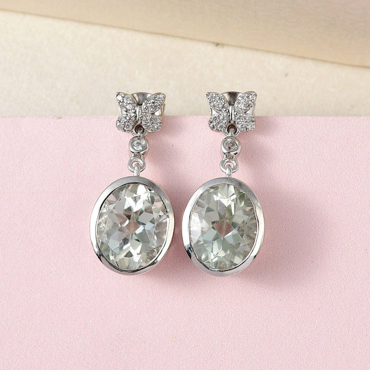 Prasiolith und weiße Zirkon Ohrringe, 925 Silber platiniert ca. 6.74 ct