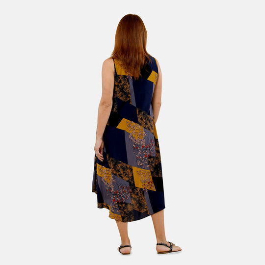 TAMSY - bedrucktes Kleid, Viskose, 60x105 cm, blau/gelb Blattmuster