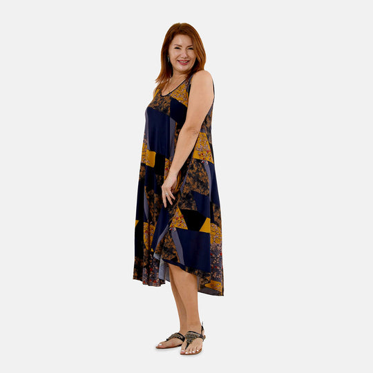 TAMSY - bedrucktes Kleid, Viskose, 60x105 cm, blau/gelb Blattmuster