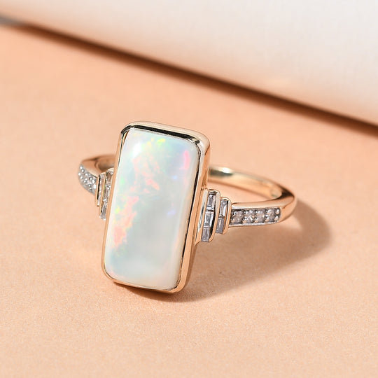Natürlicher Äthiopischer Opal und Diamant I2-I3 G-H Ring 375 Gelbgold rhodiniert ca. 2,65 ct