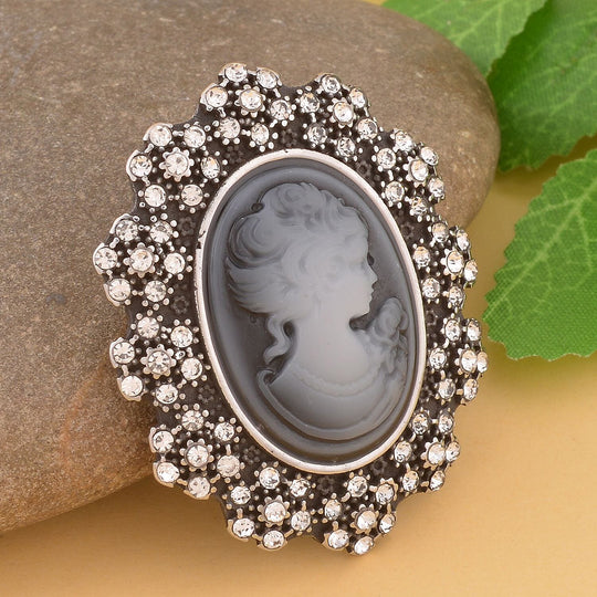 Weißer Swarovski Kristall Kamee Brosche 316L Edelstahl Schwarz oxidiert