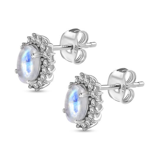 Regenbogen Mondstein, Weißer Zirkon Ohrringe 925 Silber Platiniert ca. 2.38 ct