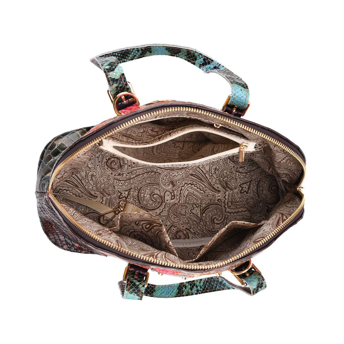 Chaos by Elsie Blumenmuster Echtleder Crossbody Tasche mit RFID-Schutz und Mini-Taschenlampe und LA MAREY Schal aus 100 % Maulbeerseide