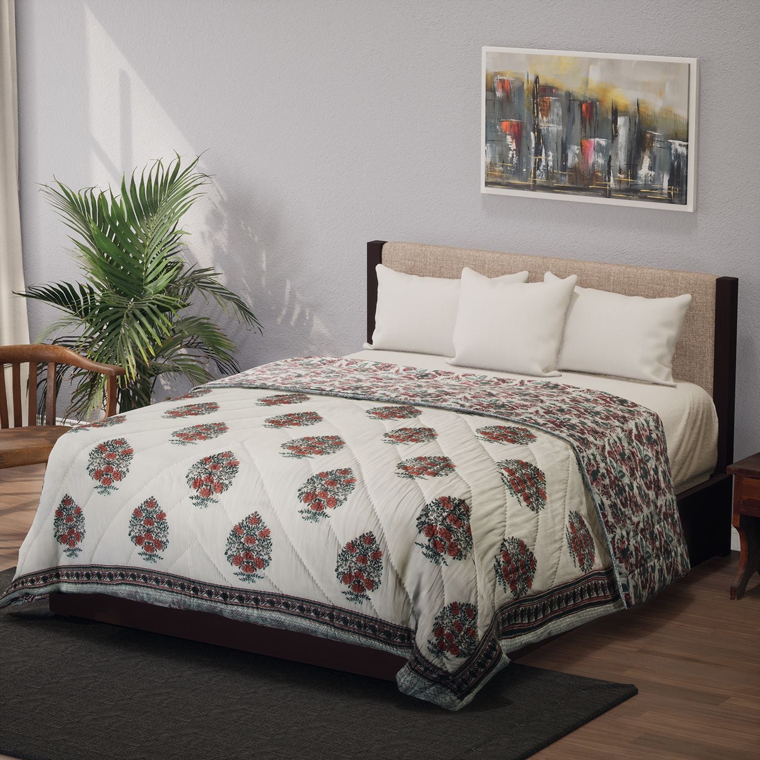 Handgequiltete Baumwoll-Voile-Steppdecke mit Blockdruck, inklusive Stofftasche, 200x200cm, blau