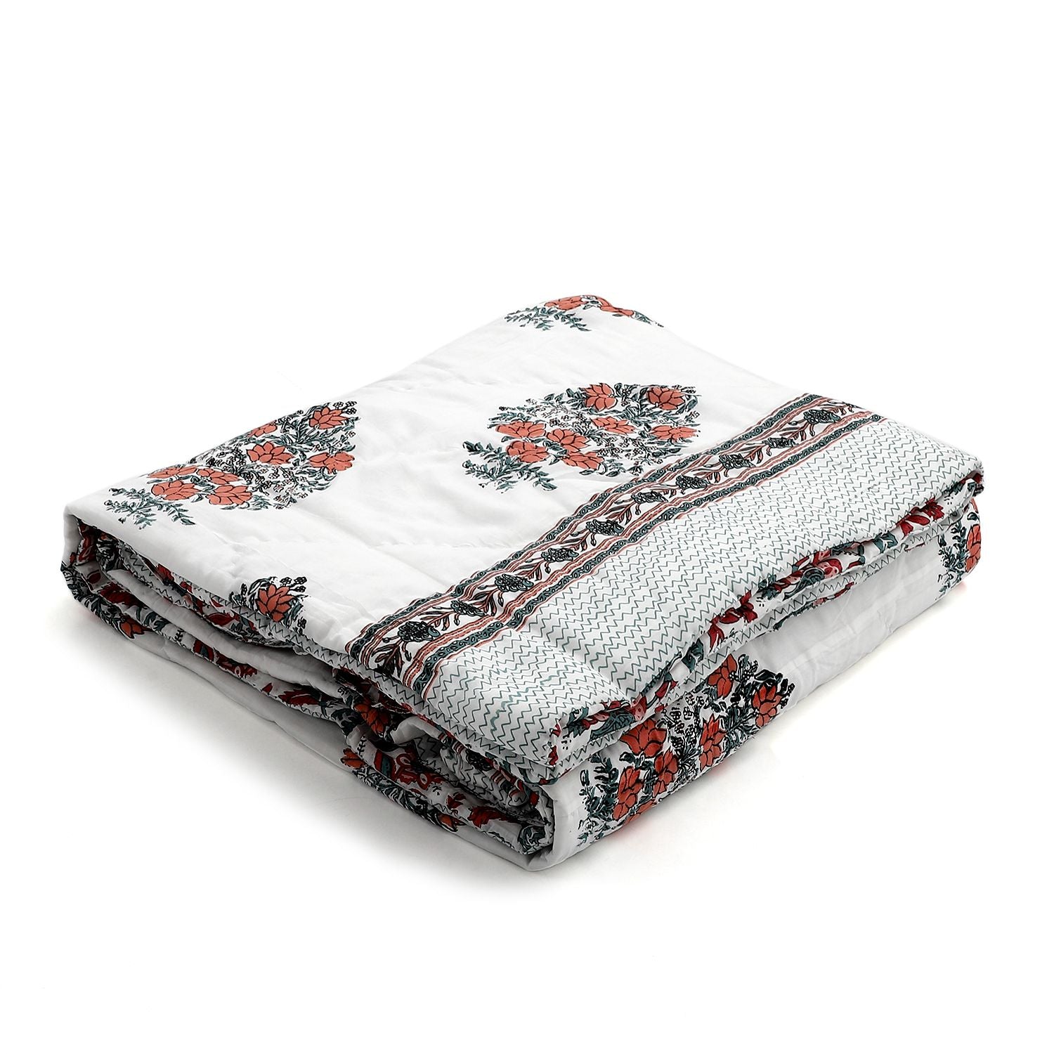Handgequiltete Baumwoll-Voile-Steppdecke mit Blockdruck, inklusive Stofftasche, 200x200cm, blau