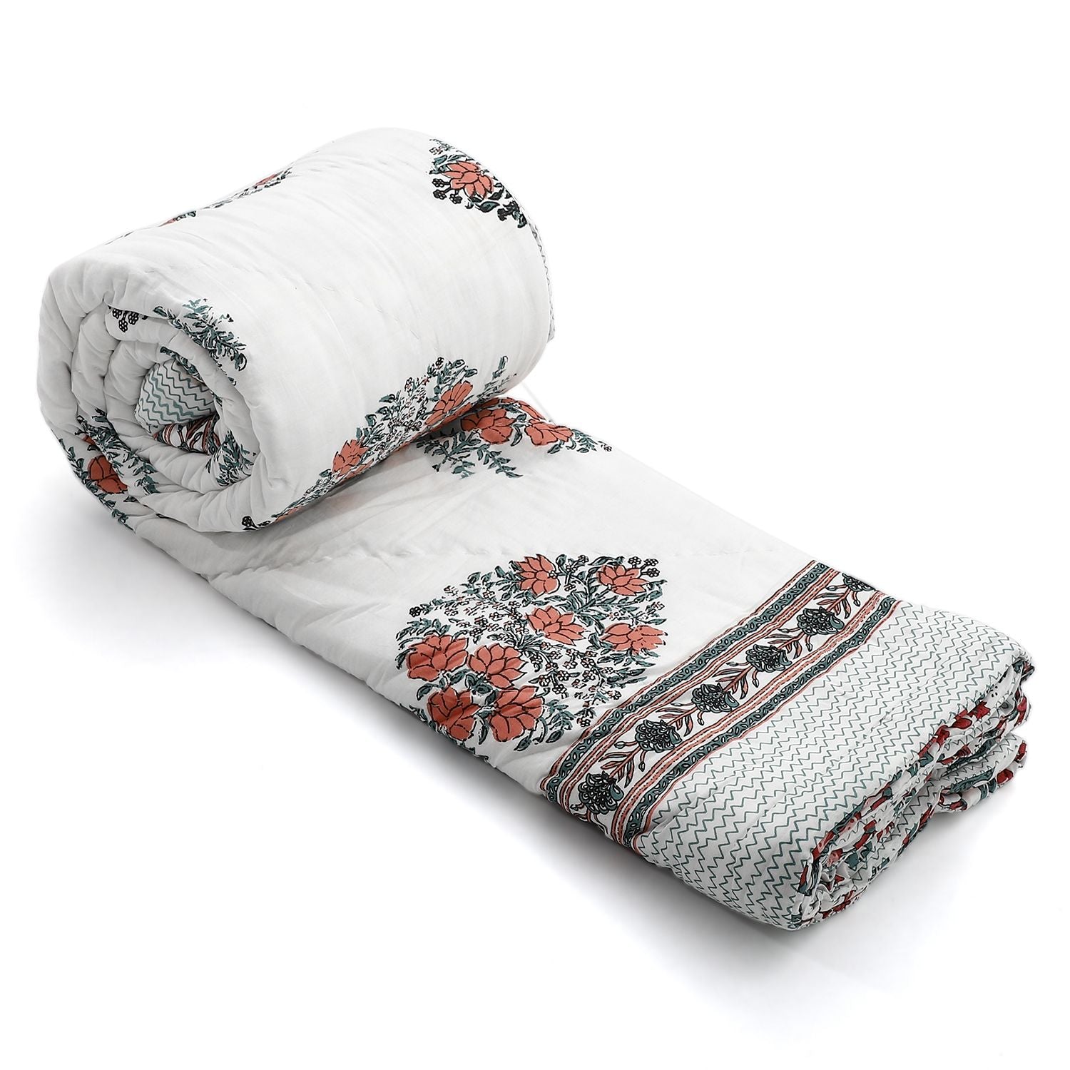 Handgequiltete Baumwoll-Voile-Steppdecke mit Blockdruck, inklusive Stofftasche, 200x200cm, blau