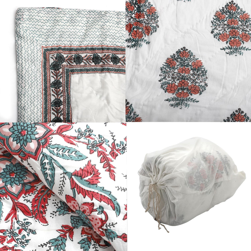 Handgequiltete Baumwoll-Voile-Steppdecke mit Blockdruck, inklusive Stofftasche, 200x200cm, blau