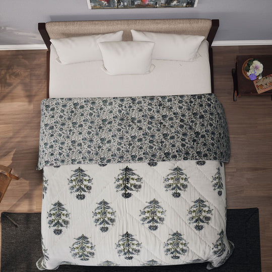 Handgequiltete Baumwoll-Voile-Steppdecke mit Blockdruck, inklusive Stofftasche, 200x200cm,Oliv und rot