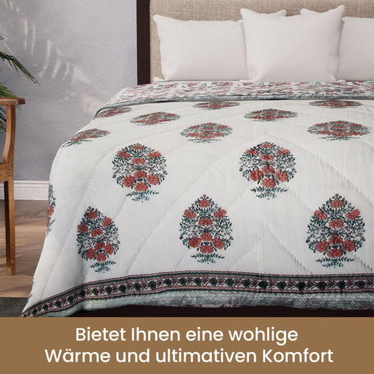 Jaipur Quilt aus 100% Baumwolle mit Handstempeldruck und Hand-Gequilted, 220X270cm, Pfirsich