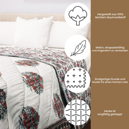 Jaipur Quilt aus 100% Baumwolle mit Handstempeldruck und Hand-Gequilted, 220X270cm, Pfirsich