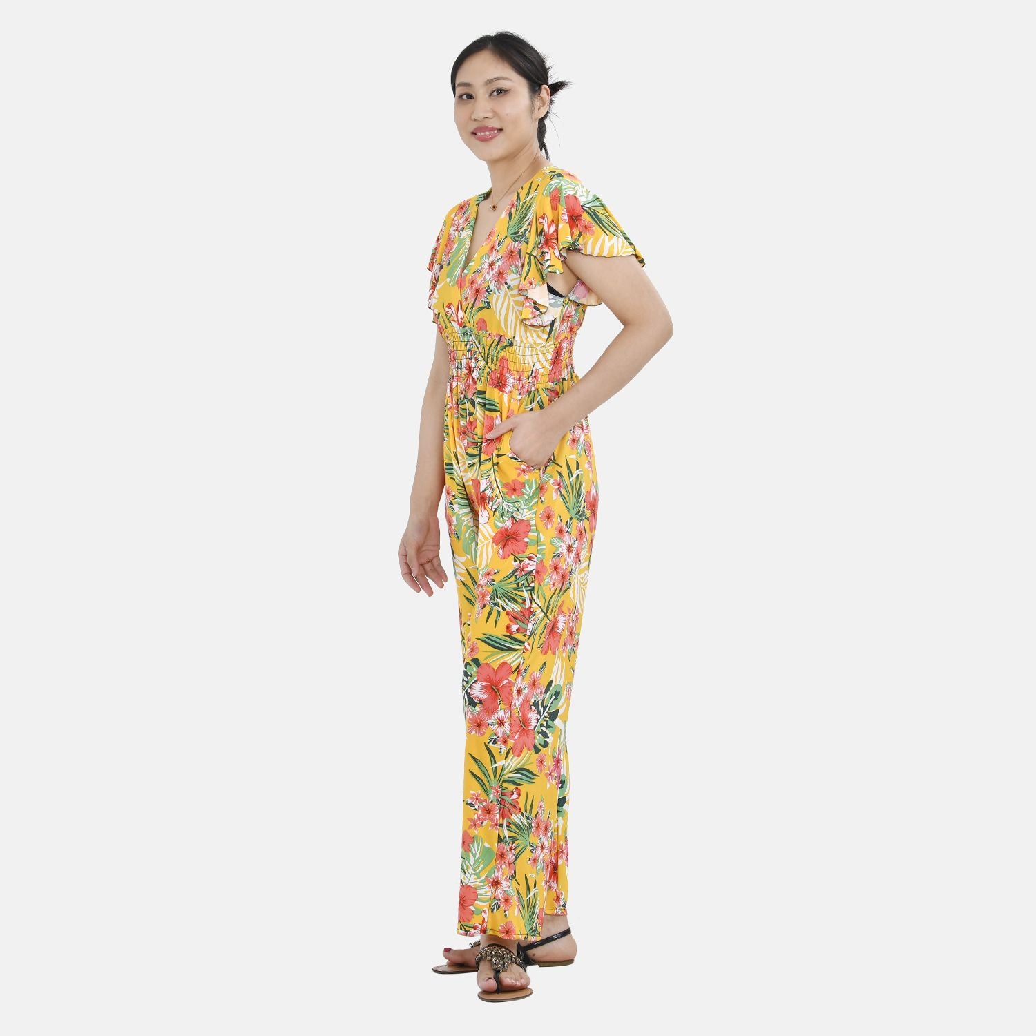 Jumpsuit mit gesmokter Taille und Flatterärmel, gelbes Blumenmuster