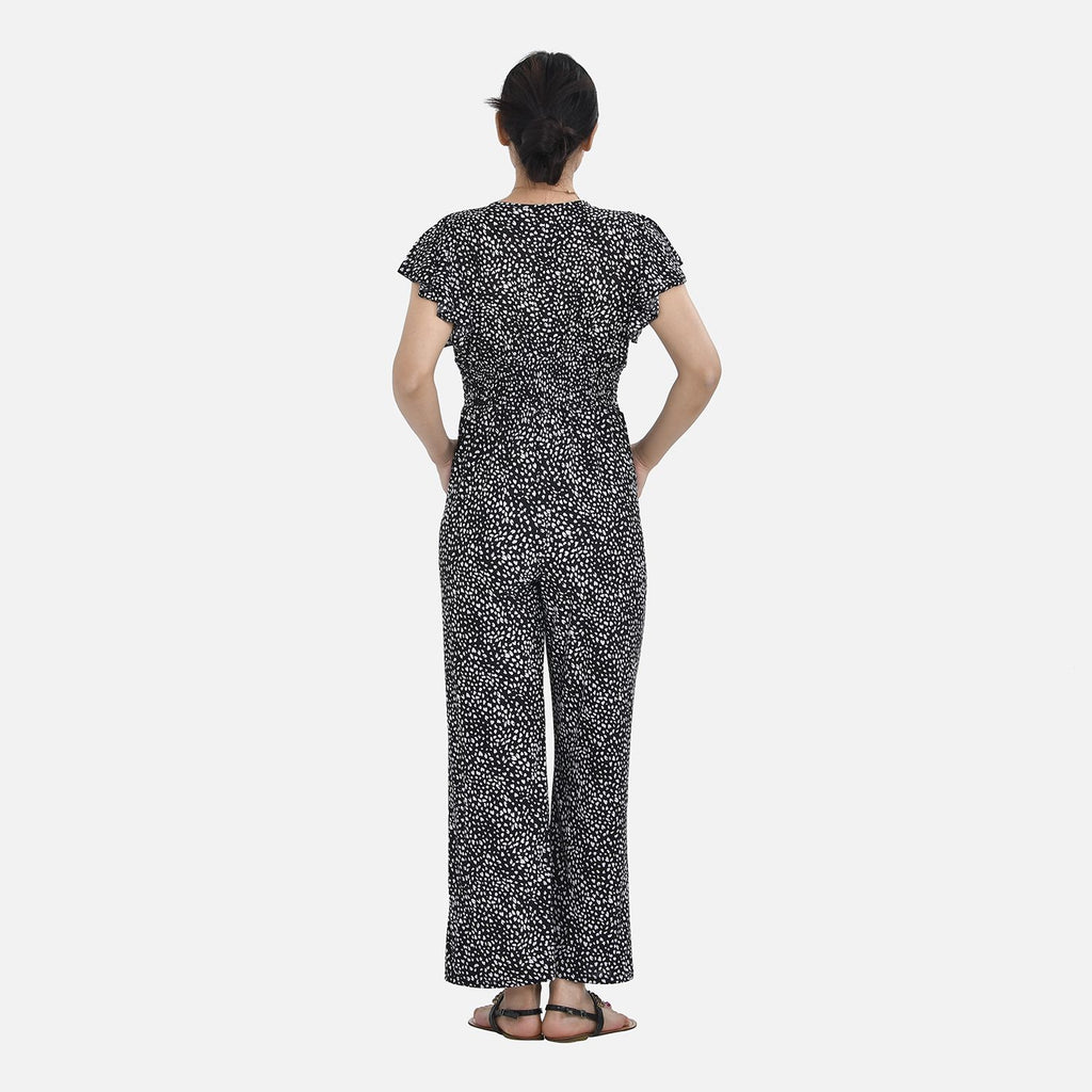 Jumpsuit mit gesmokter Taille und Flatterärmel, schwarz und weiß