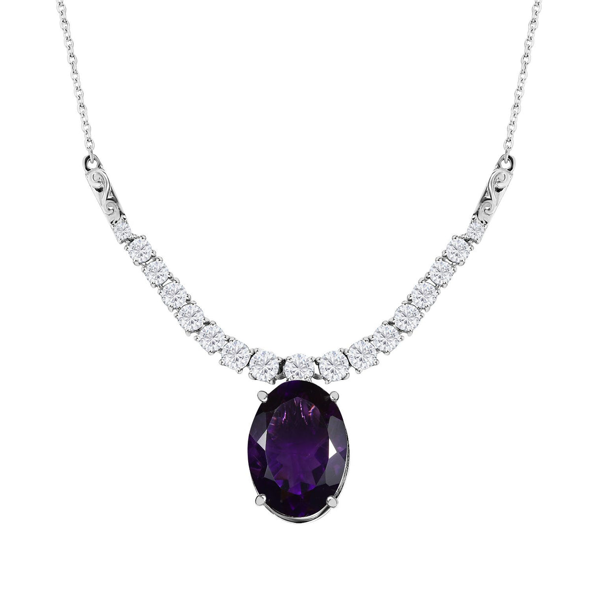 Afrikanischer Amethyst, weißer Zirkon Anhänger mit Kette, ca. 50 cm, 925 Silber platiniert ca. 14.26 ct