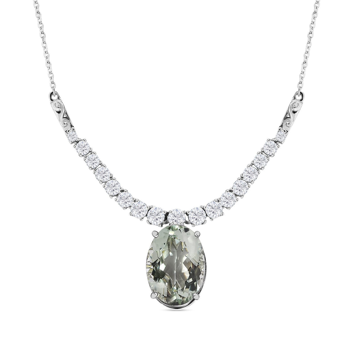 Prasiolith, weißer Zirkon Anhänger mit Kette, ca. 50 cm, 925 Silber platiniert ca. 15.10 ct