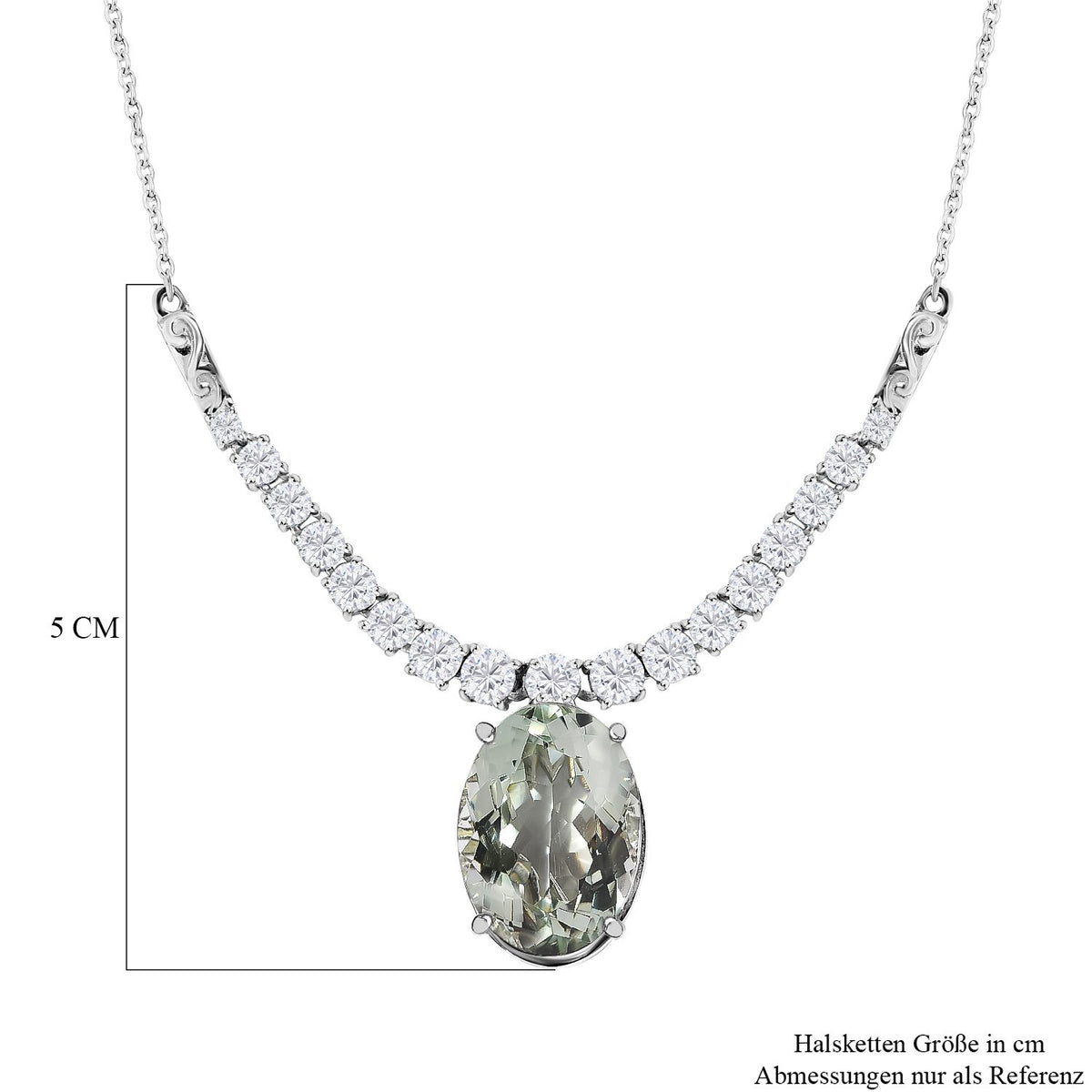 Prasiolith, weißer Zirkon Anhänger mit Kette, ca. 50 cm, 925 Silber platiniert ca. 15.10 ct