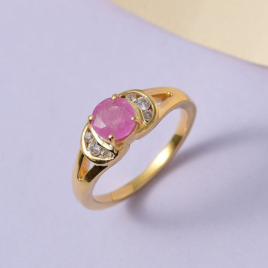 Ilakaka rosa Saphir (Fissure gefüllt), weißer Zirkon Ring, 925 Silber vergoldet ca. 1.16 ct