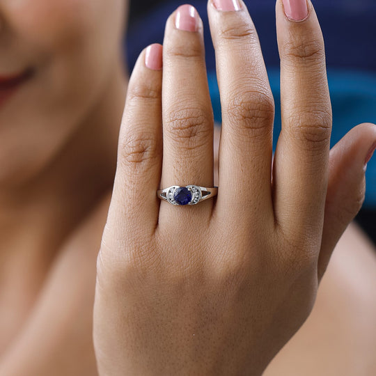 Masoala Saphir (Fissure gefüllt), weißer Zirkon Ring, 925 Silber platiniert ca. 1.43 ct