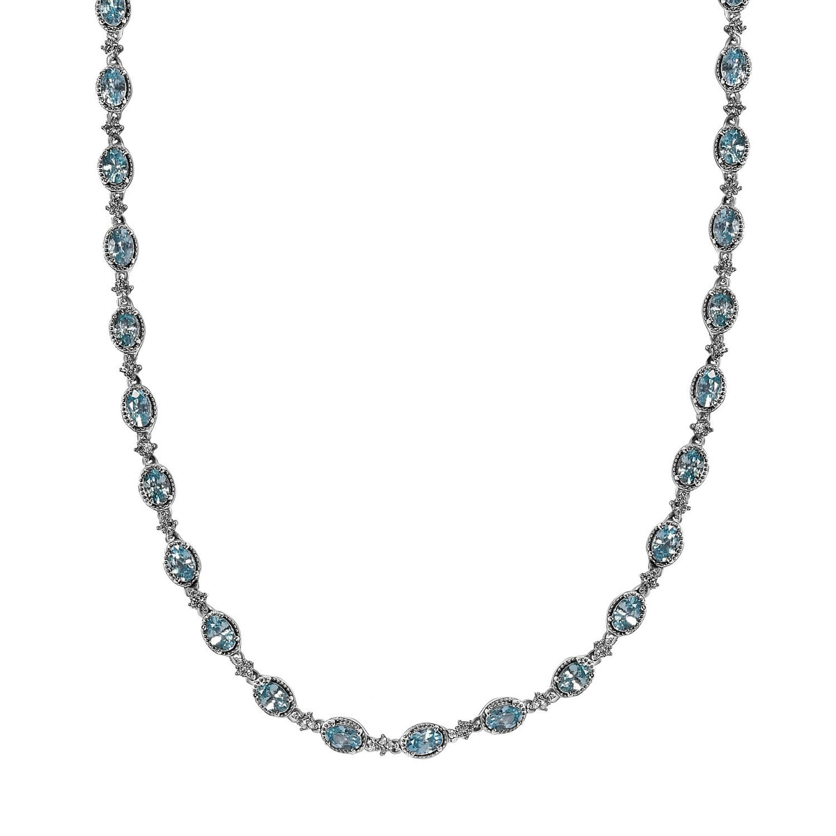 Kambodschanische, blaue und weiße Zirkon Halskette, ca. 50 cm, 925 Silber platiniert ca. 24.71 ct