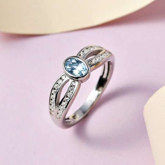 Espirito Santo Aquamarin und weißer Zirkon Ring, 925 Silber platiniert ca. 1.04 ct