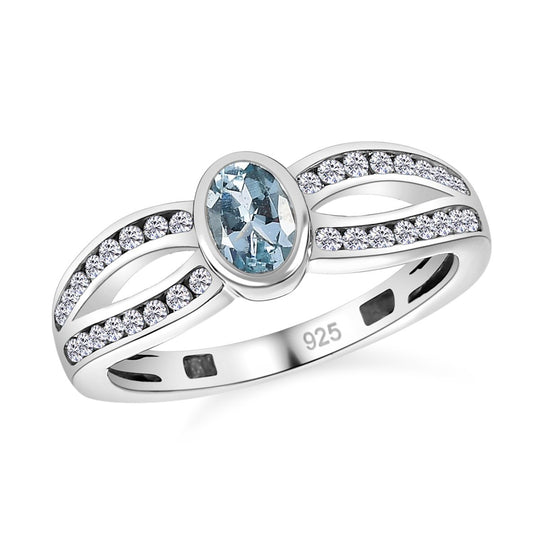 Espirito Santo Aquamarin und weißer Zirkon Ring, 925 Silber platiniert ca. 1.04 ct