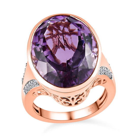 Rose de France Amethyst, weißer Zirkon Ring, 925 Silber rosévergoldet ca. 16.94 ct