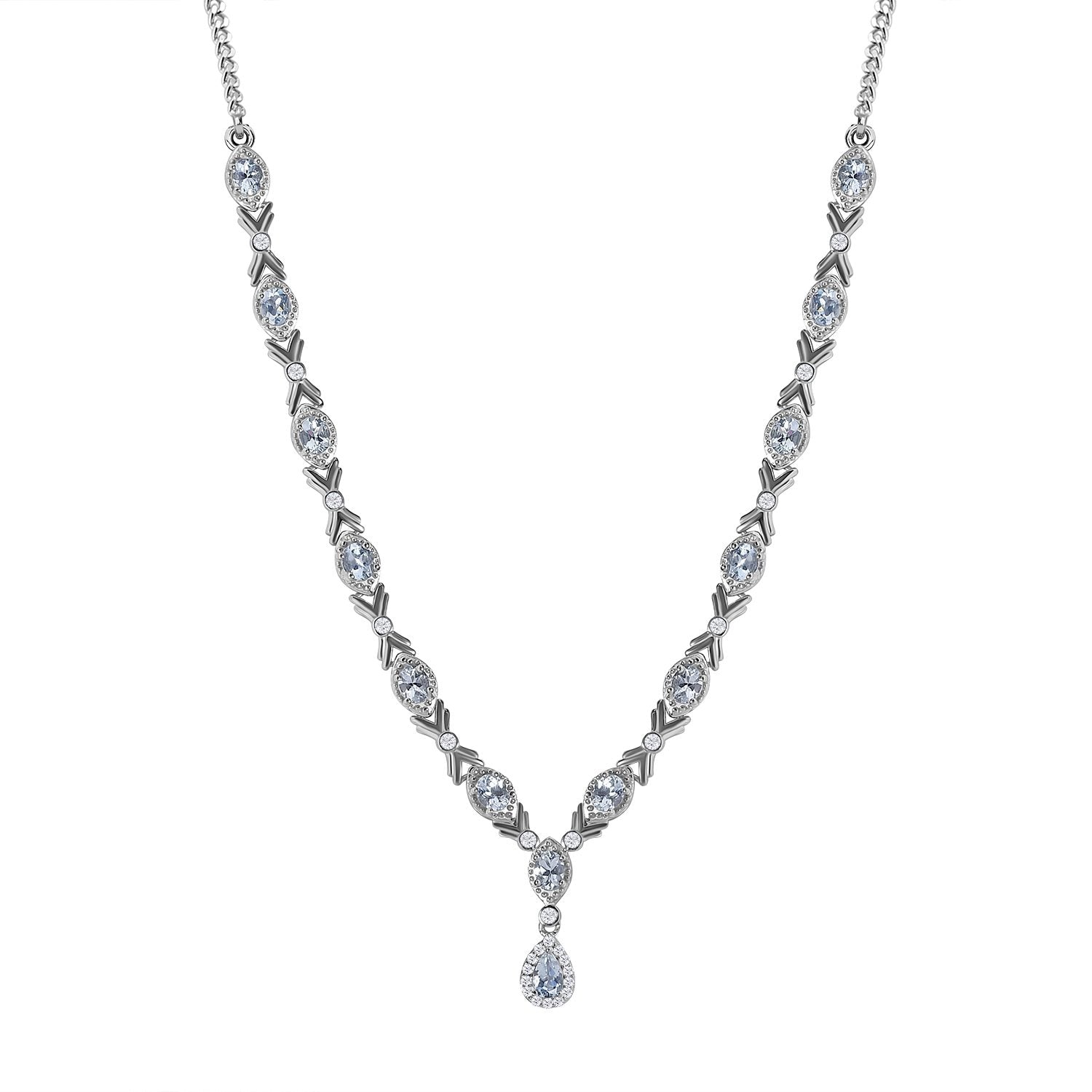 Espirito Santo Aquamarin und Weißer Zirkon Collier, ca. 45 cm 925 Silber platiniert ca. 4.90 ct