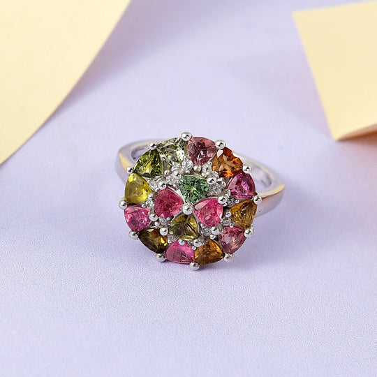 Natürlicher mehrfarbiger Turmalin und weißer Zirkon Ring, 925 Silber platiniert ca. 2.48 ct