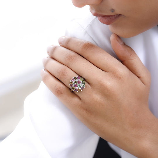 Natürlicher mehrfarbiger Turmalin und weißer Zirkon Ring, 925 Silber platiniert ca. 2.48 ct