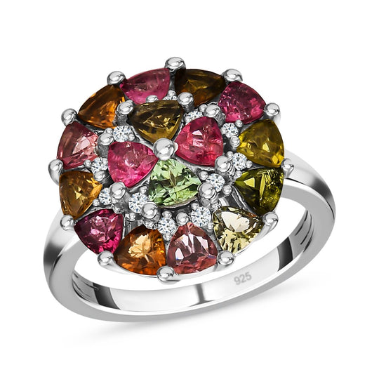 Natürlicher mehrfarbiger Turmalin und weißer Zirkon Ring, 925 Silber platiniert ca. 2.48 ct