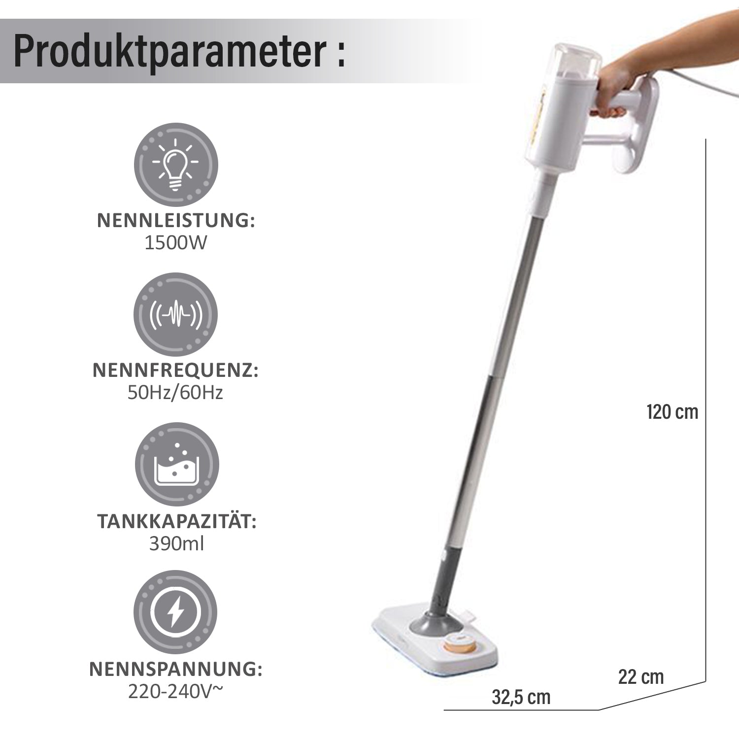 HOMESMART- Multifunktioneller Dampfmopp, Größe 32,5X22X120cm, weiß