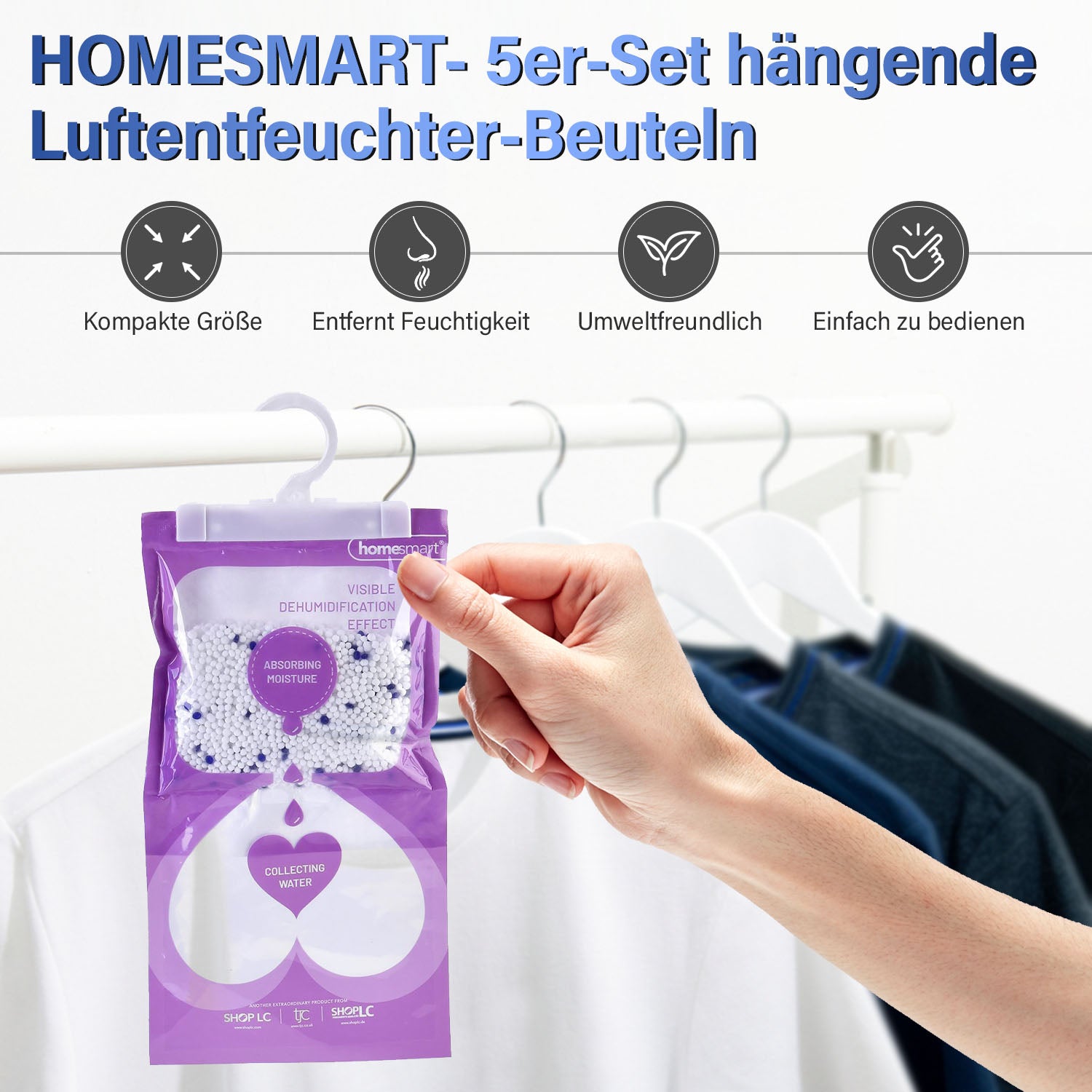 HOME SMART Hängende Luftentfeuchter Tasche 220g*10 1.N.W: 220g Calciumchlorid pro Tasche 2. Lavendel-Duft 3. Weißer oder blauer Haken+angepasster Innenbeutel (Tyvek)+leerer Außenbeutel