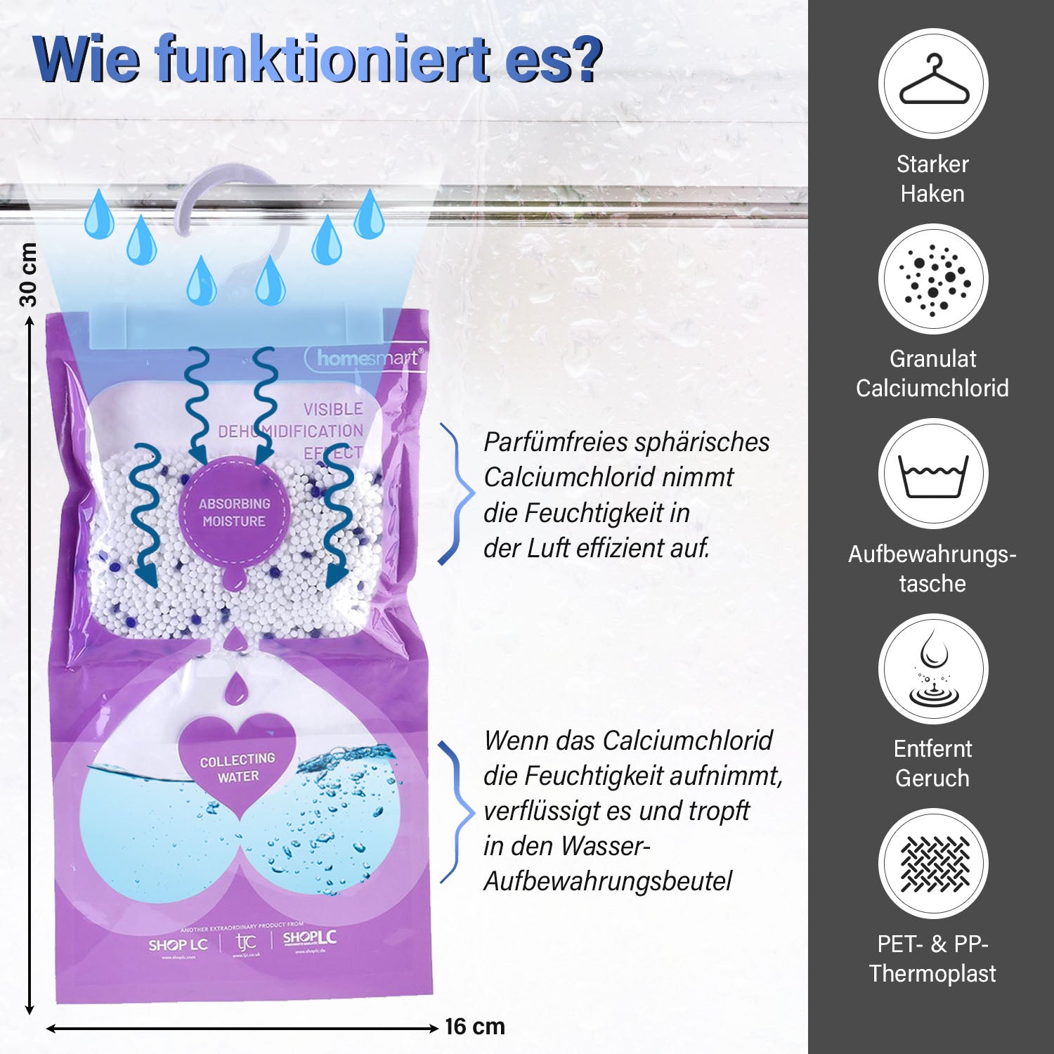 HOME SMART Hängende Luftentfeuchter Tasche 220g*10 1.N.W: 220g Calciumchlorid pro Tasche 2. Lavendel-Duft 3. Weißer oder blauer Haken+angepasster Innenbeutel (Tyvek)+leerer Außenbeutel