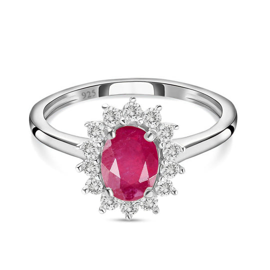 Afrikanischer Rubin (Fissure gefüllt), Weißer Zirkon Ring 925 Silber Platiniert (Größe 18.00) ca. 1,63 ct