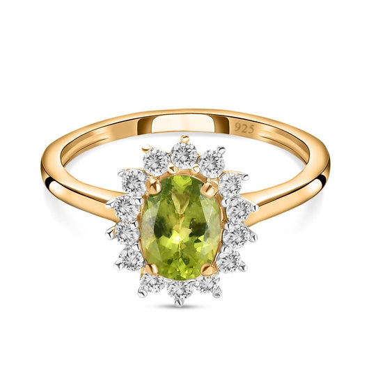 Natürlcher Peridot, Weißer Zirkon Ring 925 Silber 585 Vergoldet (Größe 18.00) ca. 1.32 ct
